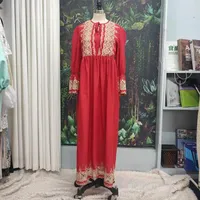 민족 의류 아부 다비 무슬림 Eid 레드 이브닝 드레스 면화 수 놓은 오만 기모노 싱글 레이어 아랍 두바이 우아한 패션 로브