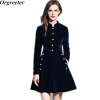 ORGETER OL Styl Blue Velvet Dress Winter Women Vestido Kobieta Długie Rękaw Office Ropa Mujer Robe 210525
