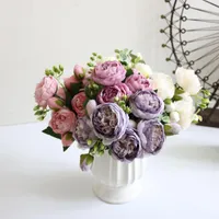 Decoratieve bloemen krans Peony Artificial 30cm Rose Pink Silk Bouquet 5 Grote Hoofden 4 Kleine Bud DIY Bruid Bruiloft Woondecoratie Fake Flo