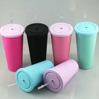 16 oz BPA Ücretsiz İçecek İçecekler Bardaklar Akrilik Sıska Tumblers Mat Renkler Plastik Kupası Renkli Kapaklı Ve Saman Çift Duvar Su Şişesi