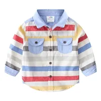 Primavera outono 2-8 10 12 anos de manga comprida bolso colorido colorido cor retalhos algodão bebê crianças menino camisas para crianças 210414
