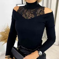 Fashion Lace Patchwork Blouse Shirt Cold Shoulder Turtleneck Tops Tee Casual Ladies Top Female Women Long Sleeve Blusas Pullover H1230