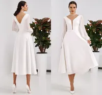 Tea Length Wedding Dress 2022 Modest Sheer V-neck Backless Corset Solid Color Custom Made Long Sleeve Bridal Gowns Vestidos De Noiva