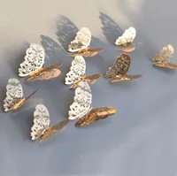 Wystrój Home 12 sztuk / zestaw Rose Golden 3D Hollow Butterfly Naklejki Ścienne Motyle Naklejki Pokój Dekoracja Ślubna
