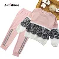 Artishare Girls Sports Suit Spring Summer Kids Sport Outfits For Girls Lace Style Teenage Girls Clothes Set 8 10 12 14 Year 210528