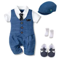 Summer Baby Romper Suit Newborn Boys Formal Ropa de algodón Hat de los niños + Jumpsuit + Zapatos + Calcetines 4 piezas Traje Azul Disfraz