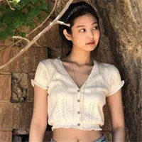 Sommer Casual Crop Tops Frauen 2021 Koreanischer Stil V-ausschnitt Kurzarm Dünn gestrickt T-Shirt Kleidung Ropa Mujer Frauen