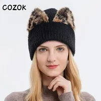 Beanie / Skull Caps Cozok Kvinnors Beanie Hat Vinter Leopard Print Cat Ear Stickad päls skalle Varma tjejer