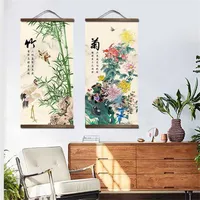 chinese style flower Green plants canvas decorative painting Store bedroom living room wall art solid wood scroll paintings 211222