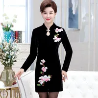 Casual Dresses Plus Size 5XL Women&#039;s Gold Velvet Dress 2021 Spring Autumn Long-Sleeved Embroidered Middle Aged Mother Elegant