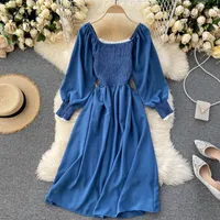 Повседневные платья Yuoomuoo 2021 Чистый синий элегантный ruched середина теленка платье винтажный квадратный воротник женская французская леди вечеринка Vestidos