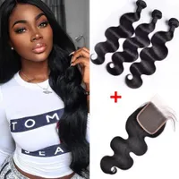 Brazilian Body Wave Human Hair Weaves 3 Bundles With 4x4 Lace Closure Bleach Knots Straight Loose Deep Wave Curly Hair Wefts With Closure