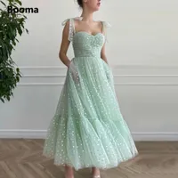 Booma Mint Green Hearty Prom Dresses 2021 Tied Bow Straps Sweetheart Midi Prom Gowns Pockets Tea-Length Party Dresses