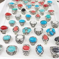 New 30pcs/pack Turquoise Ring Mens Womens Fashion Jewelry Antique Silver Vintage Natural Stone Ring Party Gifts 634 Q2