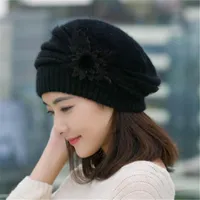 Berretti eleganti stile autunno signore donne lavorato a maglia inverno caldo slouch slouch fiore solido berretto di berretto di berretto di grandi dimensioni 2021