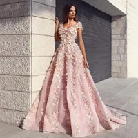 Mode Beaded Blush Pink Formal Evening Dresses Scoop Neck 3D Floral Flowers Plus Size Sexig Backless Prom Party Gowns 2021