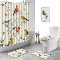 Shower Curtains Chinese Style Flowers Bird Ink Painting Curtain Bamboo Red Plum Fabric Printing Bathroom Set Non-Slip Carpet