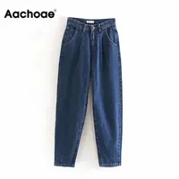 Aachoae Kadınlar Streetwear Pileli Anne Jeans Yüksek Bel Gevşek Slouchy Kot Pockets Erkek Arkadaşı Pantolon Rahat Bayanlar Denim Pantolon 220222