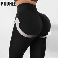 Ruuhee Jambières sans soudure Sport Femmes Fitness Push up Taille Haute Taille Entraînement Running Sportswear Gym Collants Solid Yoga Pantalon 211224