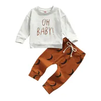 Giyim Setleri Unisex Çocuklar Bebek Giysileri Rahat Set Mektup Baskı Uzun Kollu Yuvarlak Boyun Tişörtü İpli Ay Pantolon