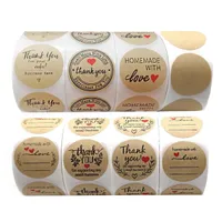 500 Pçs / rolo Rodada Obrigado Etiquetas Kraft Papel Adesivos de amor 1.5 polegadas Embalagem de embalagem para fora Decorativo Presente Selo personalizado adesivo