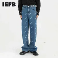 IEFB 남성용 착용 편지 인쇄 한국의 Streetwear 패션 스트레이트 조절 허리 블루 청바지 캐주얼 데님 바지 210524