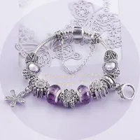 Fashion 925 Sterling Silver Purple Crystal Murano Lampwork Glass & European Charm Beads Five Petals Flower Crown Dangle Fits Pandora Charm Bracelets Necklace B8