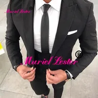 Męskie Garnitury Blazers Muriel Lester Najnowsze Płaszcz Designs Slim Fit Men Dla Ślub Custom Made 3 Sztuk Black Suit Trajes Hombre Vestir 2