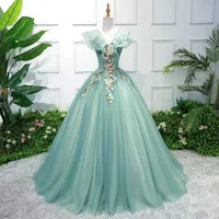Verde Quinceanera Dress Elegante V-Neck Party Prom Ball Gown Senza maniche Sweet Floral Print Princess Dresses Plus Size Vestidos