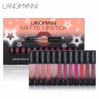 Langmanni 12 Lip Gloss Matt Lipstik Zestaw Makeup Czarny Lipstick Set Non-Stick Cup Wodoodporny Matowy Velvet Lipgloss Trwały Wysokie Wartość Wargi
