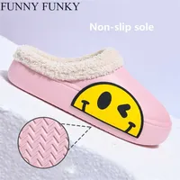 FUNNY FUNKY Winter Women's Shoes EVA Faux Fur Non-slip Sole Fleece Sock Smiley Face Slipper For Women Couple Sandals 220107