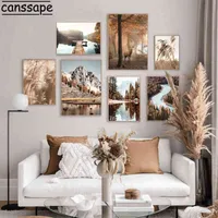 森の鹿絵画の風景キャンバスプリント干し草山湖の風景ポスター北欧の壁の写真居間の装飾G220302