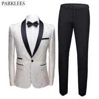 Mens Single Button Shawl Collar Suit Bianco Floral Jacquard Suits con Pans Wedding Prom Tuxedo Vestito per uomo Terno Masculino 6xL 210524