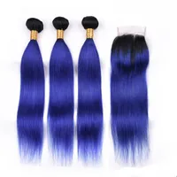 Ombre Color #T 1B Blue Straight Remy Human Hair Weft Weaves Bundles With 4X4 Lace Closure