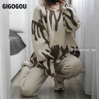 GIGOGOU Loose Oversized Women Cashmere Sweater 2 Two Piece Harem Pant Suits Tie Dye Winter Knit Tracksuits Outfits 220120