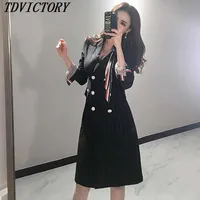TDvictory 고품질 한국 가을 겨울 더블 브레스트 슬림 블레이저 코트 스트라이프 여성 긴 소매 outwear 210602