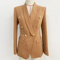 Estilo premium de calidad superior diseño original blazer blazer de mujer chaqueta delgada hebillas metálicas retro chal collar marrón blazers abrigo Outwear