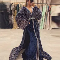 Moroccan Caftan Sequin Evening Dress Long Sleeves Velvet Beaded V-Neck Navy Blue Dubai Arabic Muslim Mermaid Formal Prom Gowns