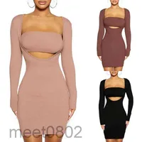 2021 vestidos casuais imcute vestido conjunto cor sólida de mangas compridas apertado + embrulhado peito de duas peças sexy quadrado quadrado slim-encaixe quadril A7809
