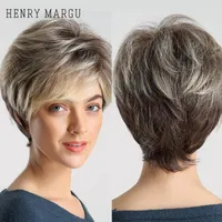 Syntetiska peruker Henry Margu Dark Root Ombre Brown Blond Short Hair Fluffy Pixie Cut Wig för Svart Vit Kvinnor Värmebeständig