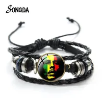 Reggae Music Style Bob Marley Singer Pulsera Bandera Patrón Punk Cantante Arte Impreso Botón de vidrio Pulseras trenzadas
