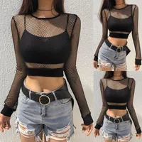 Women&#039;s Blouses & Shirts Chemisier Sexy Short Perspective Blouse Mesh Hollow Top Manche Longue Round Neck Pullover Solid Color Outer Wear Sh
