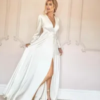 2022 신부 전체 슬리브 v 목 신부 가운을위한 간단한 긴 웨딩 드레스 섹시한 분할 프론트 Vestidos de Novia Long Boho Beach Dresses