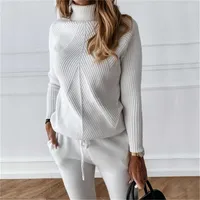 TYHRU Autumn Winter Women's tracksuit Solid Color Striped Turtleneck Sweater and Elastic Trousers Suits Knitted Two Piece Set 220125