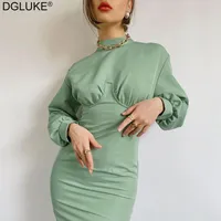 Casual Dresses Dgluke Turtleneck Bodycon Długa Sukienka Kobieta 2021 Retro 50s 60. Pełna Rękaw Party Eleganckie Ladies Green Office