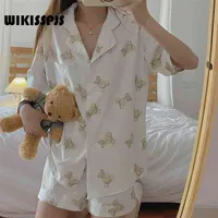 Wikisspjs Pijama kadın Sevimli Kollu Şort Kawaii Iki Parçalı Set Yaz Loungewear Uyku Bear Cub Karikatür PJS JP (Origin) 210831