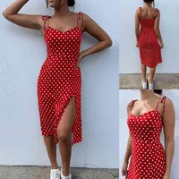 Women Sexy Small Dresses Spaghetti Strap Lace Up Polka Dot Split Hem Backless Summer Streetwear Dress Girls Size For