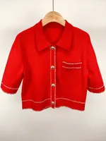 320 2021 Sommarmärke Samma stil Kortärmad Lapel Neck Kint Red Sweater Kvinnor Kläder Moying