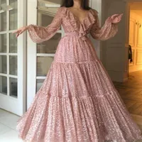 Glitter Rose Pink Sequined Prom Dresses A Line 2021 Long Sleeve Floor Length Formal Evening Gowns Celebrity Party Dress Sparkly Vestidos