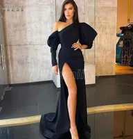 Sexy Black Evening Dresses Mermaid Puffy Long Sleeves Split Formal Party Prom Gowns Pleats 2022 Designer Celebrity Dress